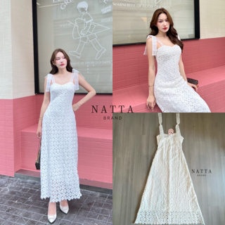 Code : M9 Natta Dress ชุดเดรสยาวลูกไม้สีขาว ผูกโบว์ไหล่ เสื้อผ้าผู้หญิง ไซส์ S-XL