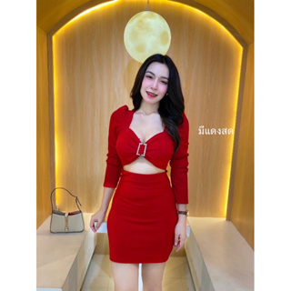 🧸สวยหรู ดูแพง มากคะ เดรส minidress แขนยาว แต่งเว้าเอว อกแต่งเข็มขัดเพชร สุดหรู   ผ้ายืด ทอปทวิล