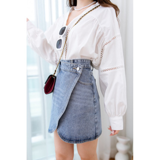 DEWNOVA ลด 45฿ Dewishes 🧵 Korea Denim Skirt กระโปรงยีนส์สั้น ป้ายหน้า ทรงเอ