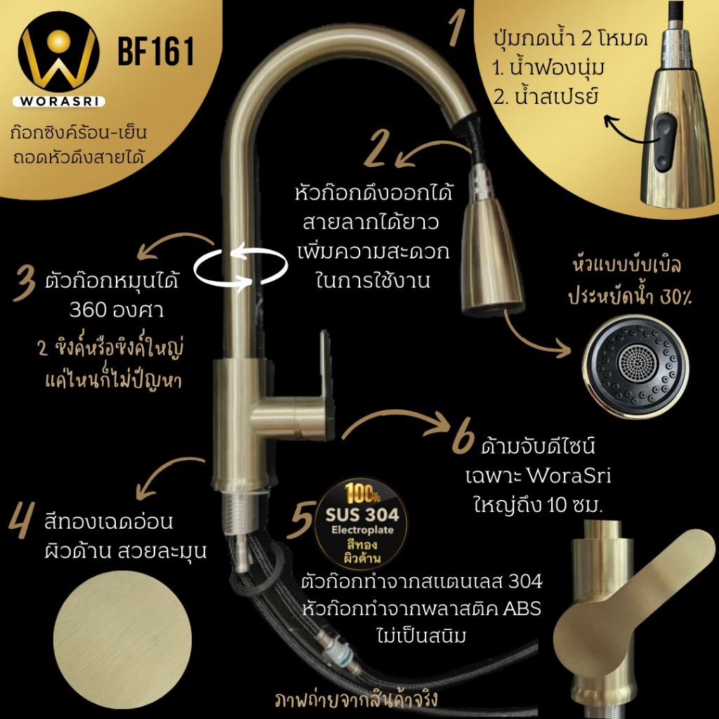 worasri-bf161-ก๊อกน้ำห้องครัวห้องน้ำดึงหัวก๊อกยืดสายออกได้-หมุนได้360องศา-สีทองด้าน-สแตนเลส304-ขนาด-ก20-ส40-ซม-ไร้สนิม