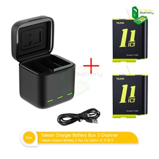 Telesin Rechargeable Enduro Battery for GoPro Hero 12 11 10 9 + Charger Battery Box 3 Channel แบตโกโปรพร้อมแท่นชาร์จ