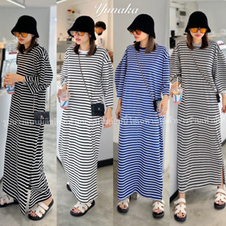 ! Striped Oversize Dress  เดรสยาวทรงปล่อย ทรง oversize แขนพองนิดๆดูน่าร๊ากกมากแม่ ผ่าข้างนิดๆ