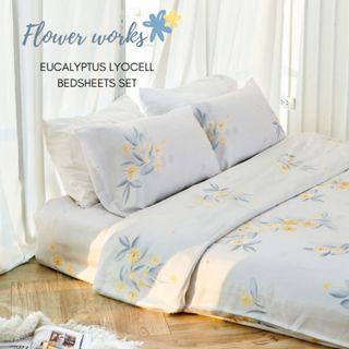 🌼 bloom bedroom เซ็ตผ้าปูที่นอนเทนเซล 100% สีฟ้าใส ลายดอกไม้ไฟ • Flower works Organic Eucalyptus Lyocell Bed Sheets Set🌼