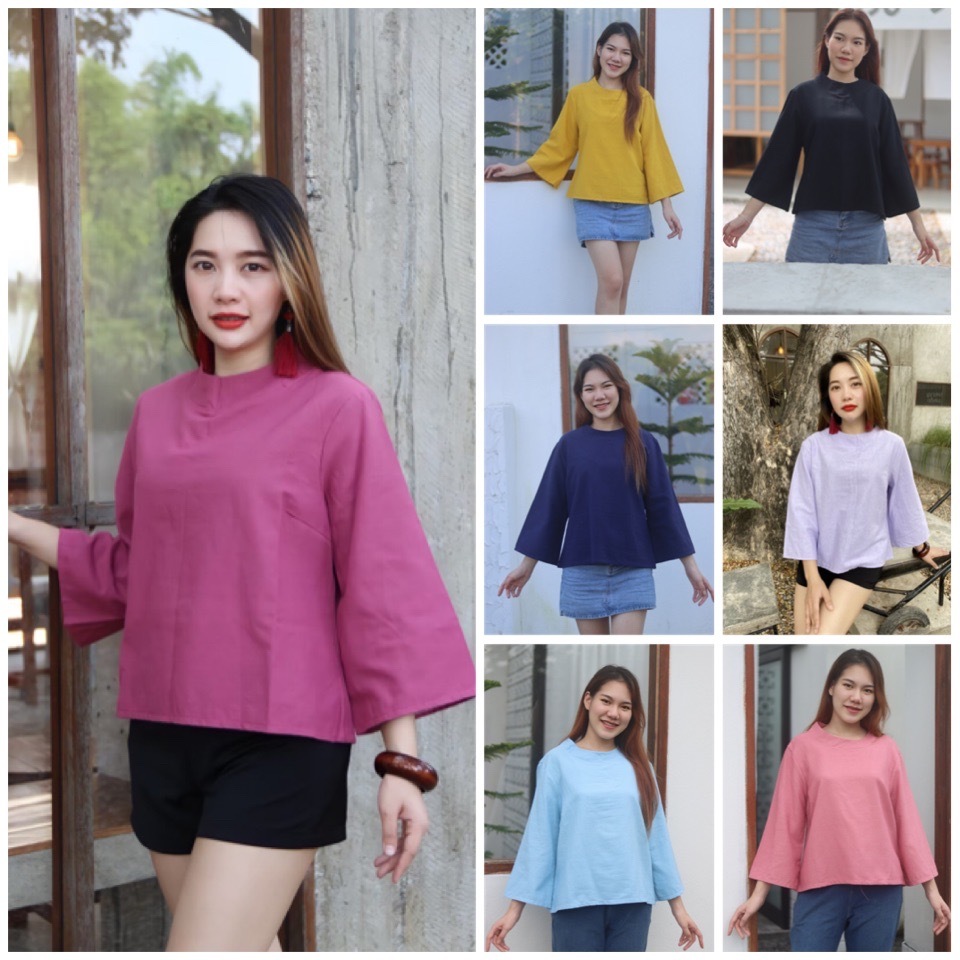 เสื้อแขนยาวผ้าฝ้าย ติดกระดุมด้านหลัง สีสวย ใส่สบาย