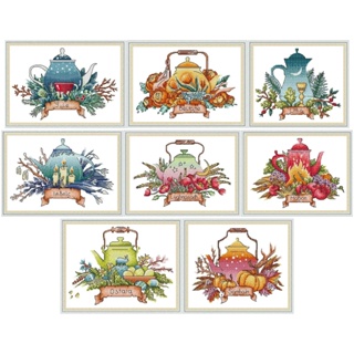 ชุดปักครอสติชพิมพ์ลาย กาน้ำชา ชา น้ำดื่ม (Teapot series Cross stitch kit)