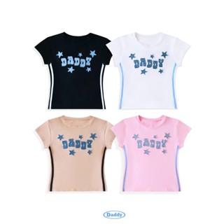 DADDY | Skipper Shirt  เสื้อ Baby Tee รัดรูป ปักกรุยดาวผ้ายีนส์ สีดำ สีชมพู สีขาว สีครีม