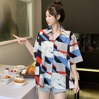เสื้อเชิ้ตแขนสั้นพิมพ์ลายผู้หญิง oversize เสื้อผ้าแฟชั่นวัยรุ่นน่ารัก เสื้อโอเวอร์ไซส์เกาหลี ฮาวายทรงหลวม xxl