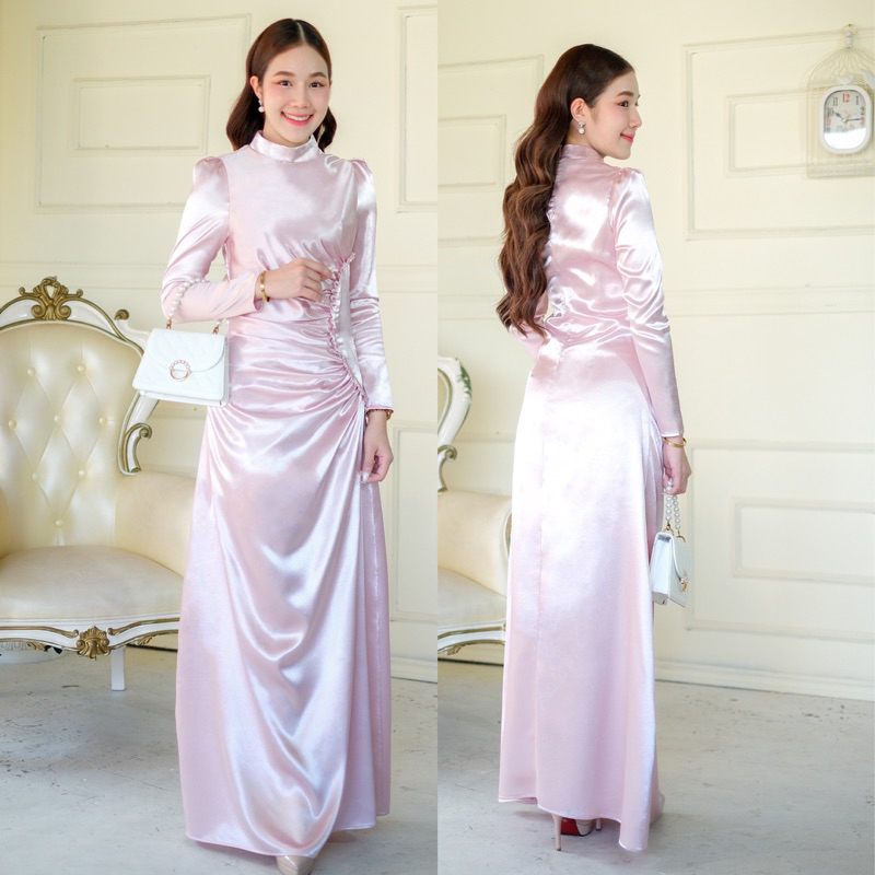 ชุดราตรีอิสลาม FN4209 คอปีนแขนยาว ทรงวินเทจ เดรสเพื่อนเจ้าสาว LUXURY707