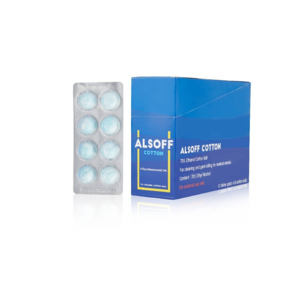Alsoff Cotton สำลีชุบเอทิลแอลกอฮอล์ 70% : 1 กล่อง (12 แผง x 8 ก้อน ...