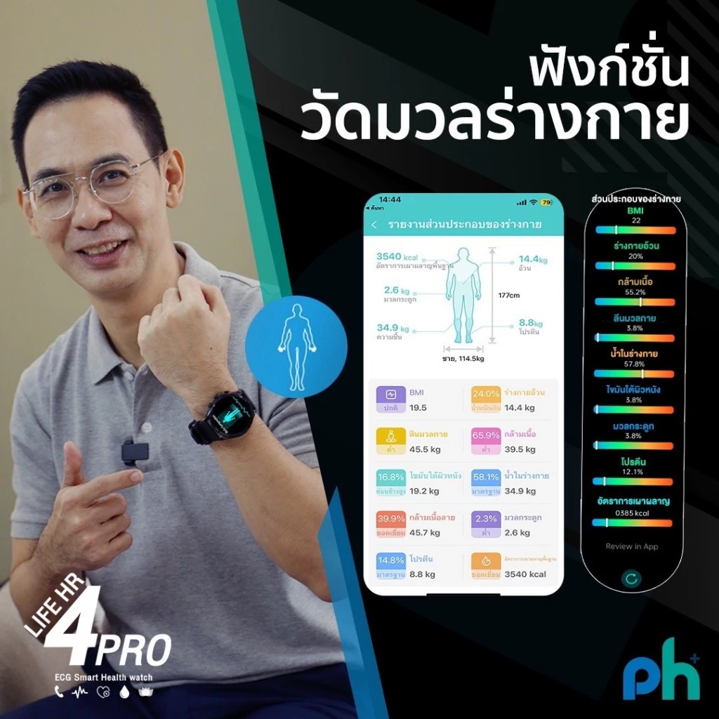 Pure Health PH Life HR4 Pro นาฬิกาวัดความดัน ไขมัน น้ำตาลในเลือด กรดยูริค คลื่นไฟฟ้าหัวใจ ECG รับสายโทรออก พร้อมระบบ SOS