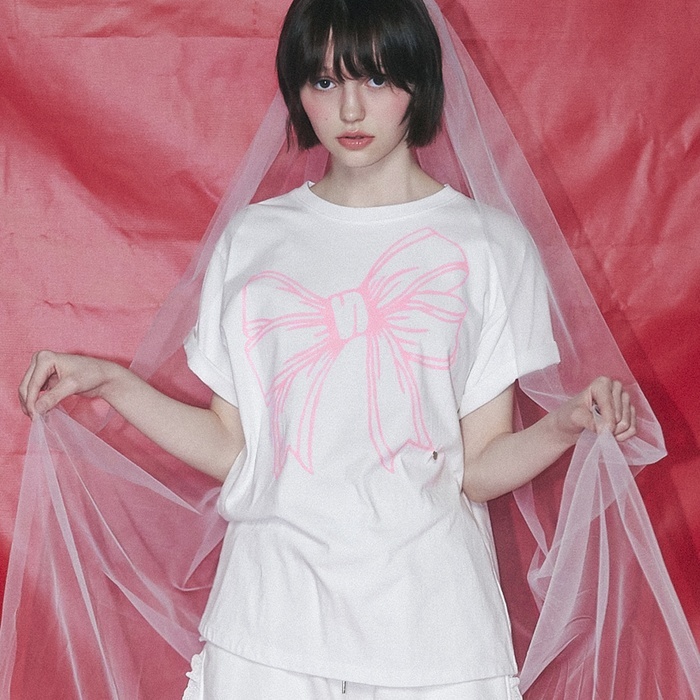 ◆RONRON◆ BIG RIBBON LINE T SHIRT WHITE MELANGE BIG RIBBON LINE T SHIRT WHITE PINK - RONRON 론론