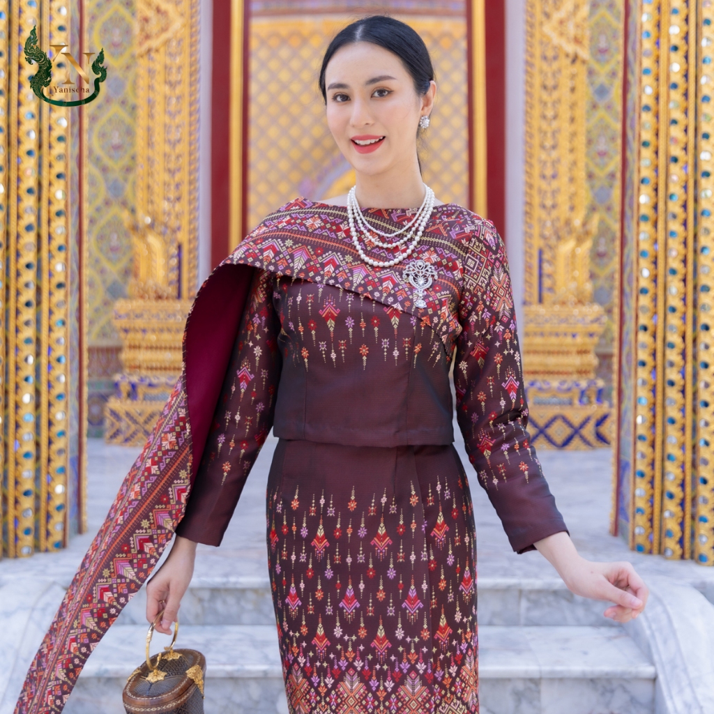 ชุดผ้าไหมไปวัด รุ่นละอองดาว สีทองแดง ใส่แล้วผอม เรียบหรู ไซส์ S-5XL มุมมองที่ 3