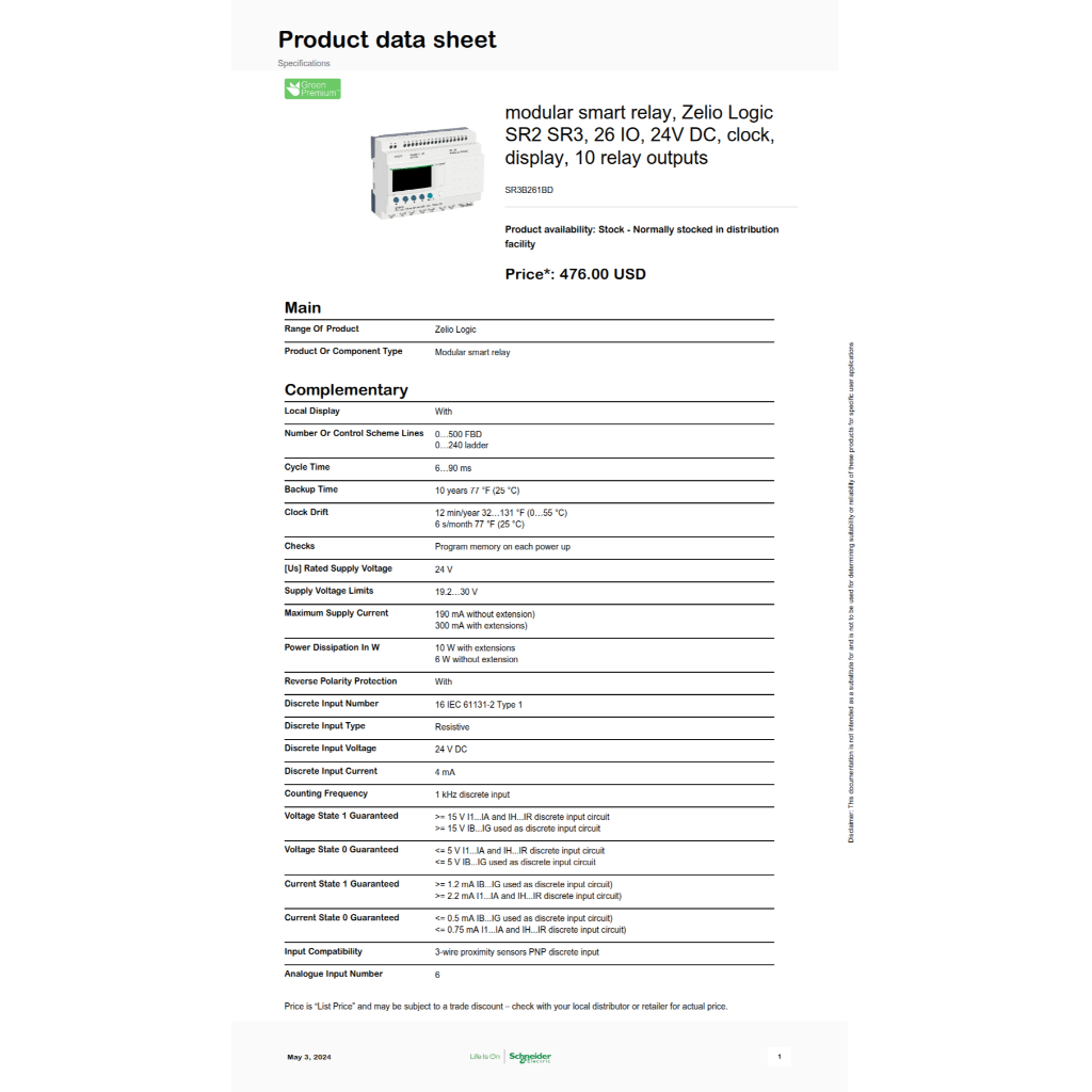 Schneider Smart Relay SR3B261BD 26 I/O Modular Smart Relay Zelio Logic ...