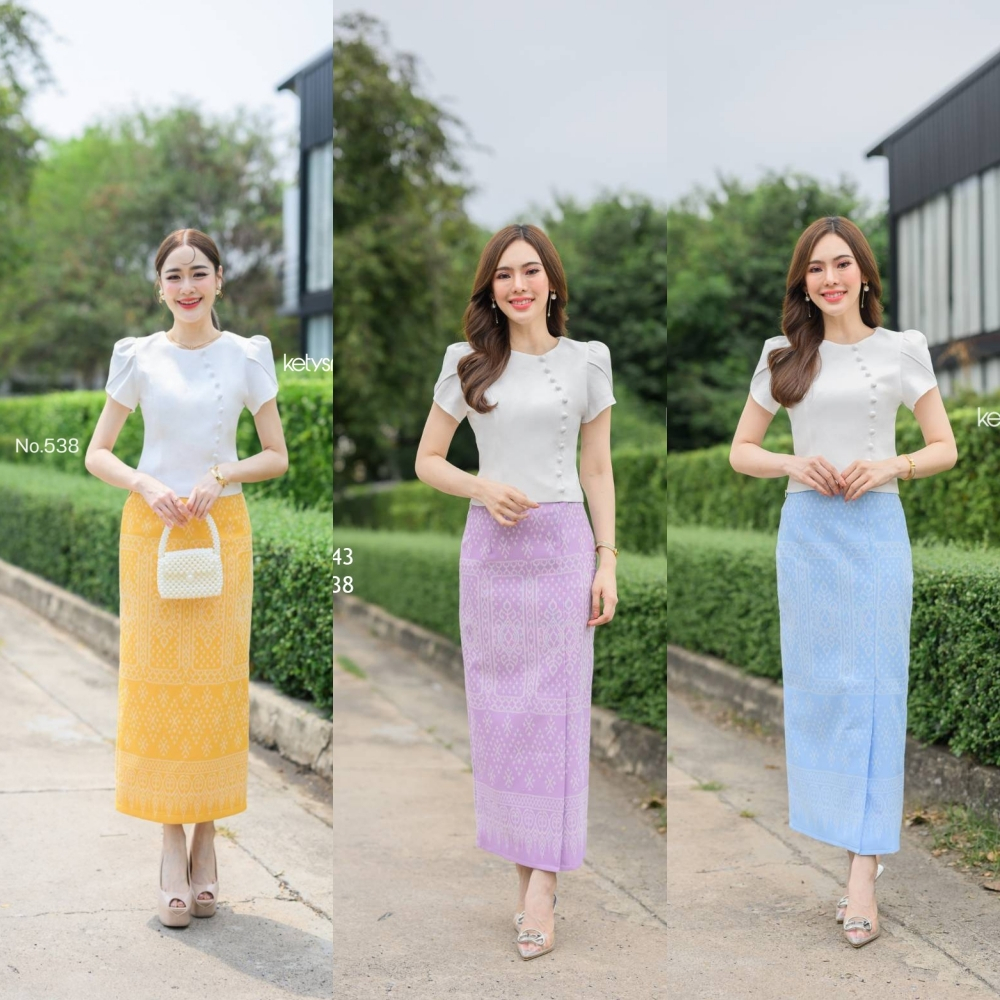 Kety Smile กระโปรงผ้าทอลายอัดกาว ซิปซ่อน ผ่าหน้า 3 สี S-2XL