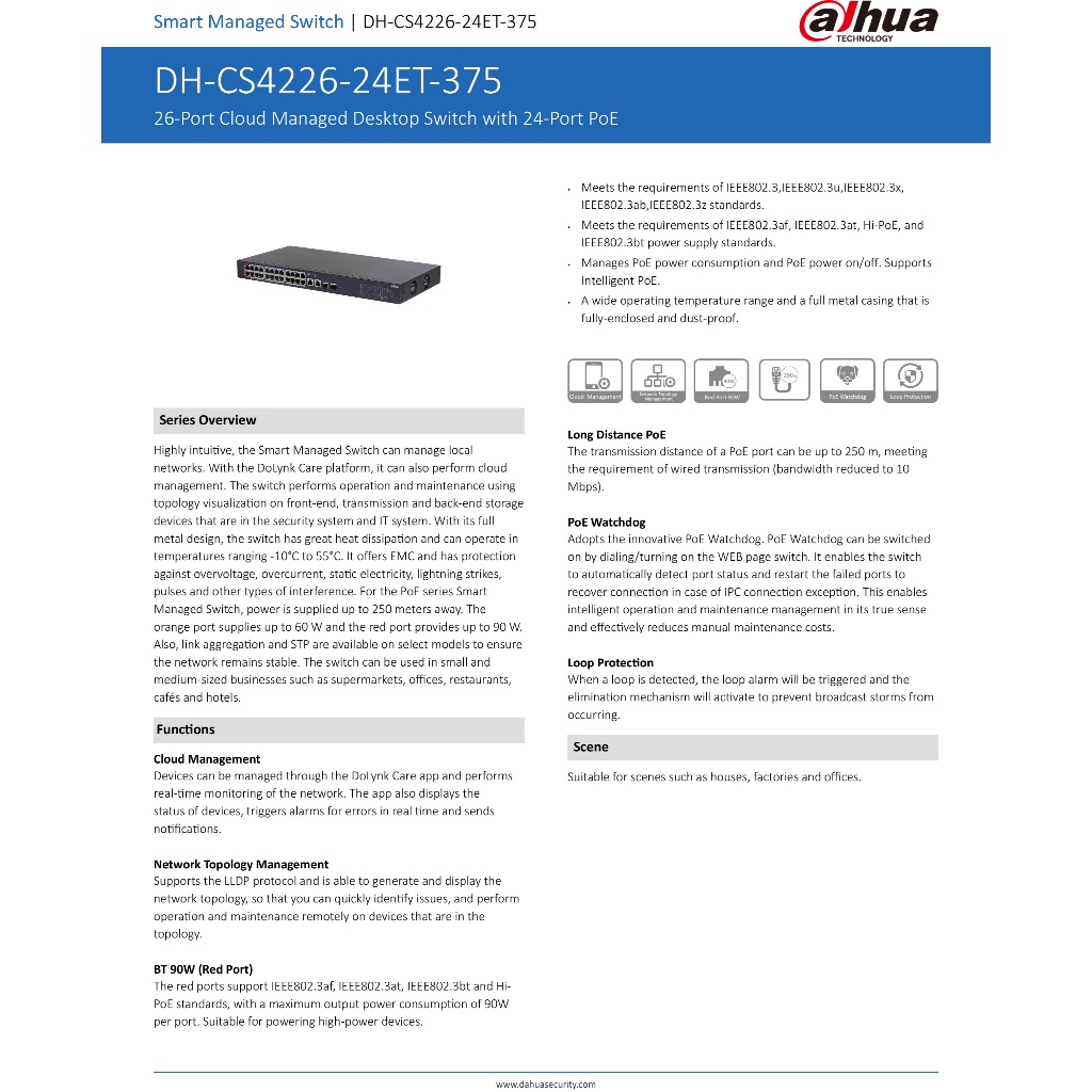 DAHUA DH-CS4226-24ET-375 : 26-Port Cloud Managed Desktop Switch with 24 ...