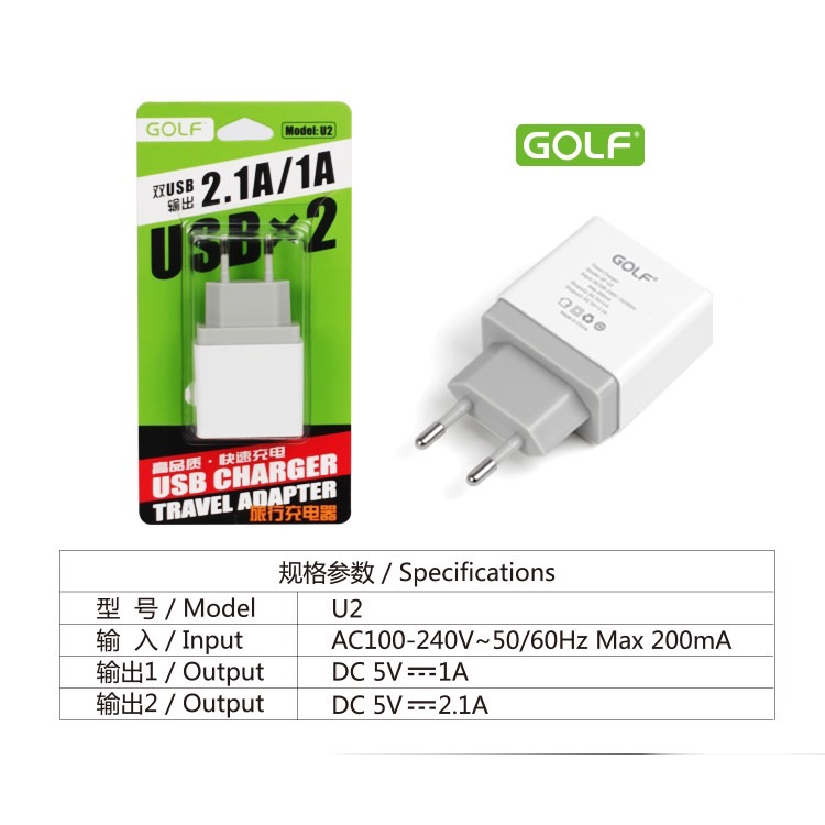 หัวชาร์จ-usb-golf-adapter-รุ่น-u2-หัวชาร์จ-2-ช่อง-ของแท้-100-golf-adapter-usb-u2-2-1a