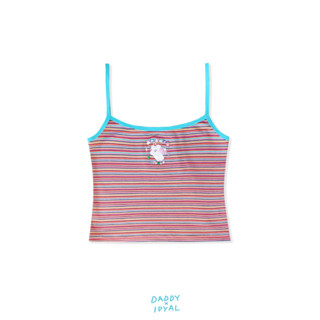 DADDY | IPYAL x Daddy Remy Tank Top เสื้อสายเดี่ยวครอปท็อป ปักน้องหมี ลายทางสีชมพูแดงแต่งกุ๊นเขียว