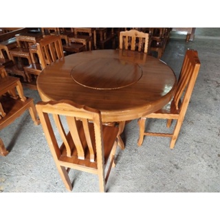 โต๊ะกินข้าวทรงกลมตรงกลางหมุนได้พร้อมเก้าอี้4ตัวไม้สักทอง0874088644