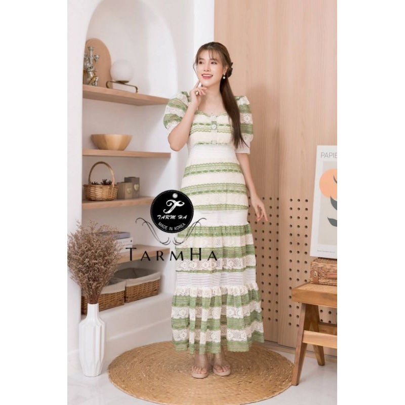 เดรสออกงานสีทรูโทน-s-6xl-maxi-dress-เดรสลูกไม้สีเขียวสลับสีครีมแขนพองแต่งกระดุมเพชร-งานป้าย-tarm-ha