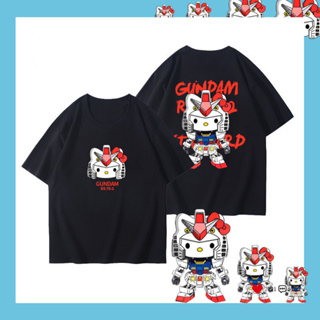 เสื้อยืดแขนสั้นคู่รักพิมพ์ลายการ์ตูน Hello Kitty ของญี่ปุ่น GUNDAM