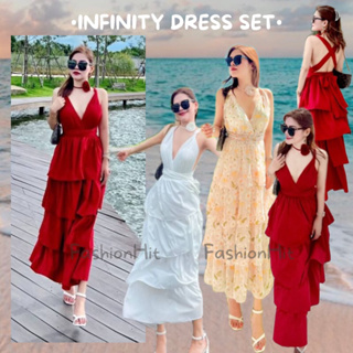 FashionHit•Infinity Dress Set• ชุดเดรสอินฟินิตี้ ผูกได้หลายแบบ แต่งกระโปรงชั้น+โช้คเก้อดอกไม้สุดเก๋