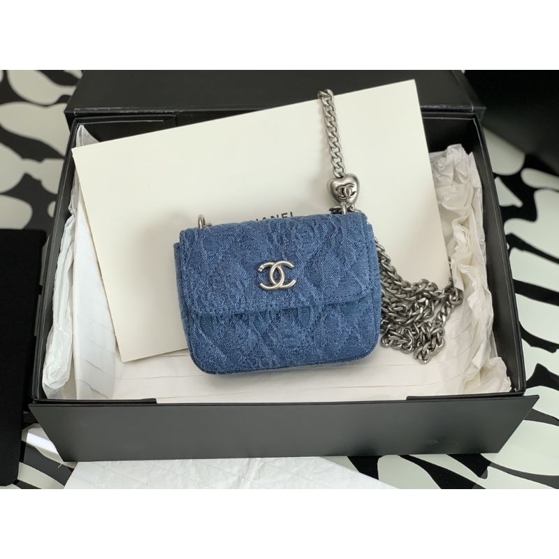 Chanel mini pouch denim camellia heart adjustable chain 23P [New