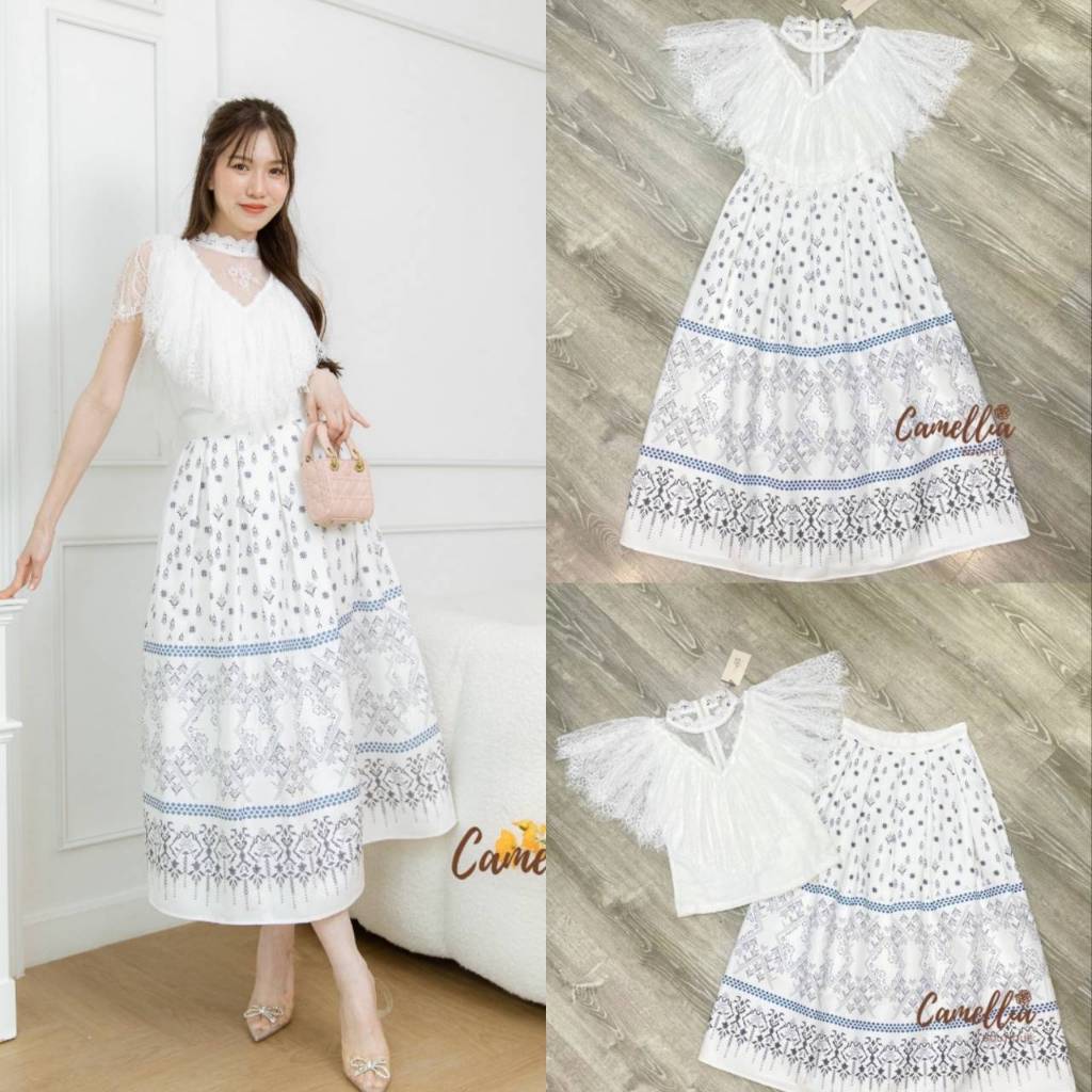 camellia-ชุดset-เสื้อลูกไม้อกระบายสีขาว-มาคู่กับกระโปรง-รบกวนเช็คสต๊อกก่อนกดสั่งซื้อ