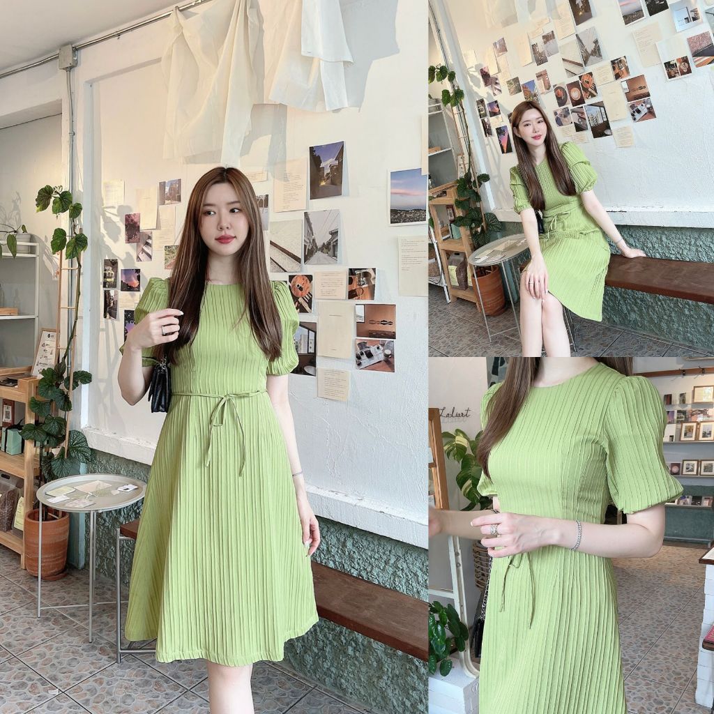 SLYQ MADE 🫐 STRIPED CRUNCHY  TIE WAIST DRESS ชุดเดรสเบสิค แขนตุ๊กตาจั๊ม งานตัดของที่ร้าน เดรสทำงาน