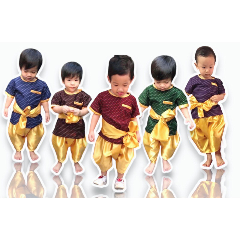 ชุดไทยเด็กผู้ชาย-รุ่นพี่หมื่น-ยกเซต-เสื้อ-โจงสีทอง-ที่คาดเอว-โจงผ้าเครปซาตินสีทองสวย-รุ่นนี้ขายดี-ชุดไทยเด็กผู้ชาย