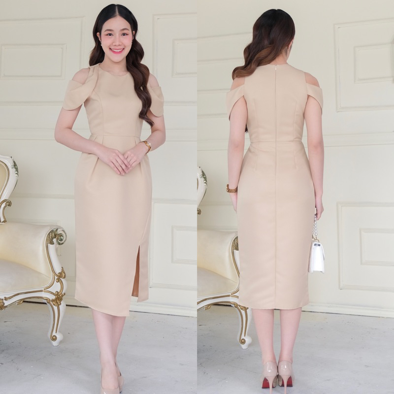 เดรสเว้าบ่ากระโปรงทิวลิป พรางแขนสะโพก ชุดไปงานแต่ง เพื่อนเจ้าสาว ไซส์ S-3XL ส่งไว มุมมองที่ 5