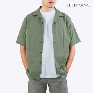 ELLE HOMME | เสื้อเชิ้ตแขนสั้น คอปกเชิ้ต Cotton 100 ทรงโอเวอร์ไซซ์ สวมใส่สบาย ระบายอากาศดี | W8B668