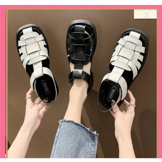 รองเท้าแตะทอ👞2019 ฤดูร้อนใหม่สุทธิสีแดงรองเท้าผู้หญิงหนา-soled ถักโรมัน Baotou รองเท้าแตะแบนสายไขว้