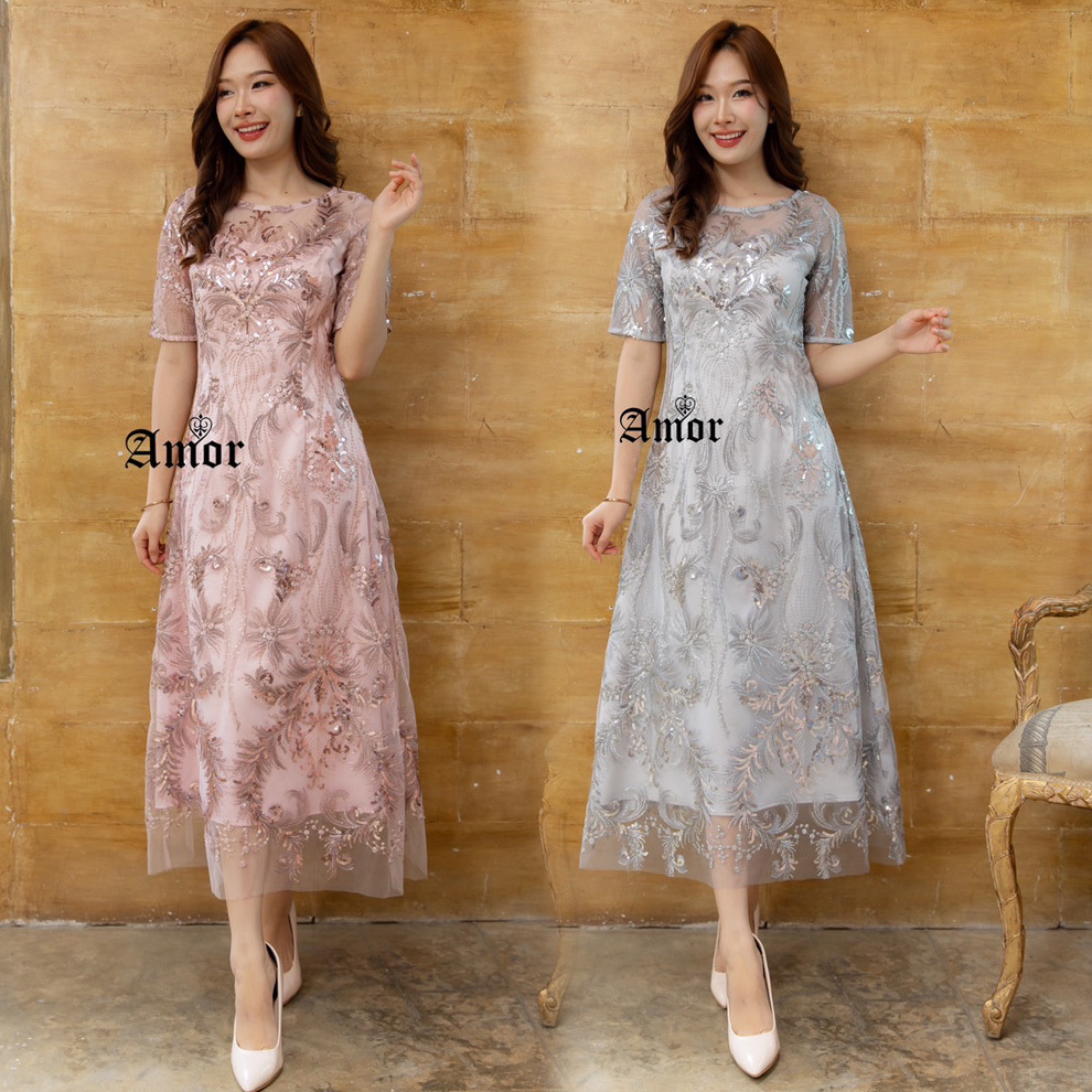ส่งฟรี-ชุดเดรสลูกไม้ปักเลื่อม-ชุดราตรี-สีกะปิ-สีเทา-m-4xl-amor