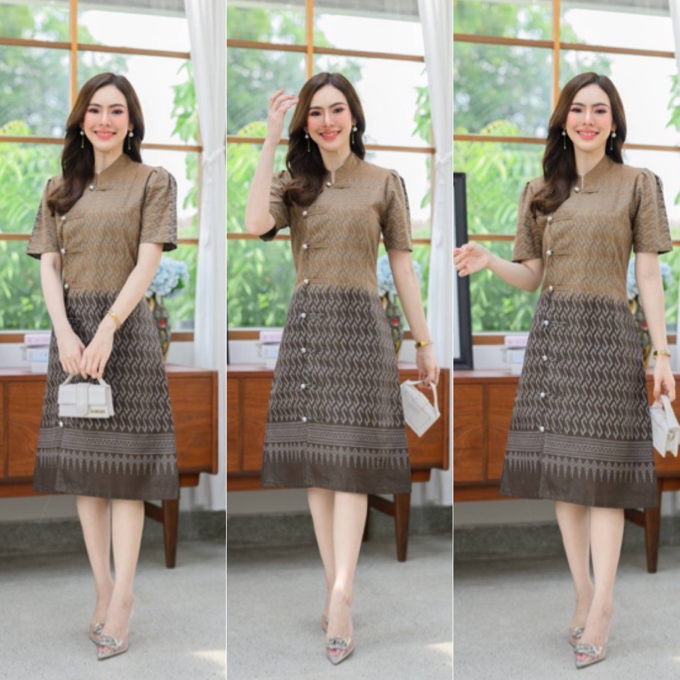 ชุดผ้าไทยติดกระดุมยาว ผ้าฝ้ายเข้ารูป อก36-44 ใส่แล้วสวยหรู มุมมองที่ 5