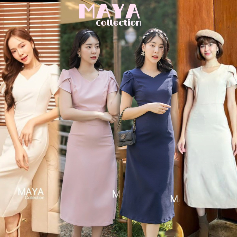 G092 พร้อมส่ง ส่งฟรี ชุดเดรสทำงาน ชุดเดรสคอวีแต่งแขน ผ่าหลังใส่ได้หลายโอกาส