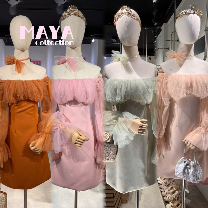 G097 เดรสเปิดไหล่แขนพอง โบว์ผูกคอ ผ้านิ่มไม่คัน 4สี ใส่ได้หลายงาน ไซส์XS-2XL มุมมองที่ 3