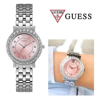 (ผ่อน0%) นาฬิกา สแตนเลสสีเงิน หน้าปัดกลมสีชมพู ล้อมคริสตัล GUESS  Stainless Steel Crystal  Model: U1062L2 หน้าปัด 34 mm.