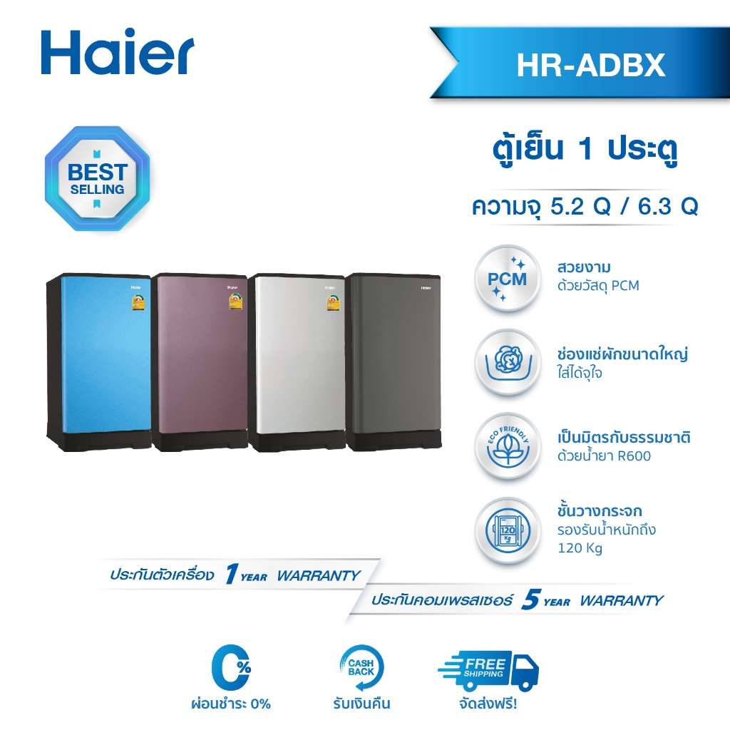 ภาพหน้าปกสินค้าHaier ตู้เย็น 1 ประตู ความจุ 5.2 และ 6.3 คิว รุ่น HR-ADBX
