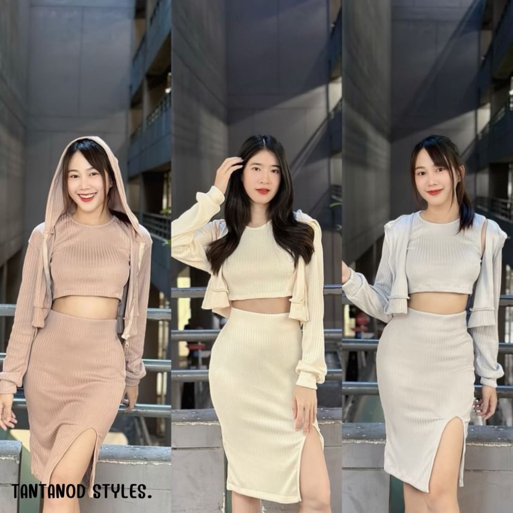 ชุดเซต 3ชิ้น เสื้อครอปกล้าม กระโปรงแหวก เสื้อคลุมมีฮู้ด รุ่น Winny