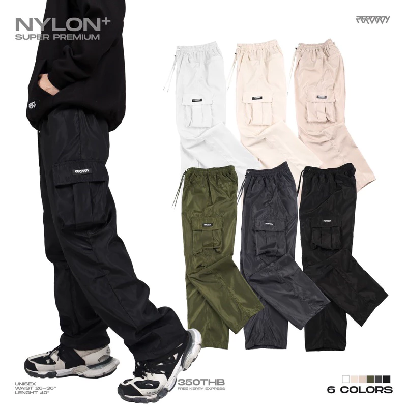 ZEROBOY - NYLON PANTS กางเกงขายาววินเทจผ้าร่ม สีครีมขาว สีครีมเหลือง สีดำ สีเทา สีเขียวขี้ม้า สีขาว