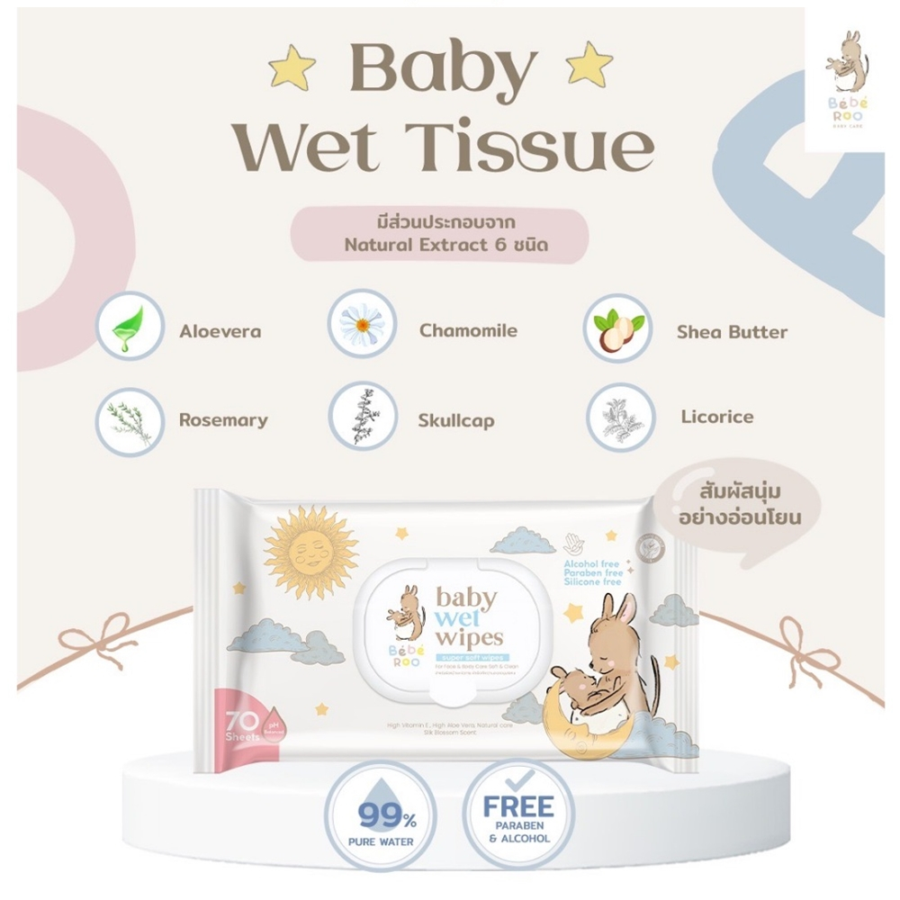 Bebe Roo Baby Wet Wipes 20 Sheets - เบเบย์ รูว เบบี้ เวท ไวพส์ 20 แผ่น ...