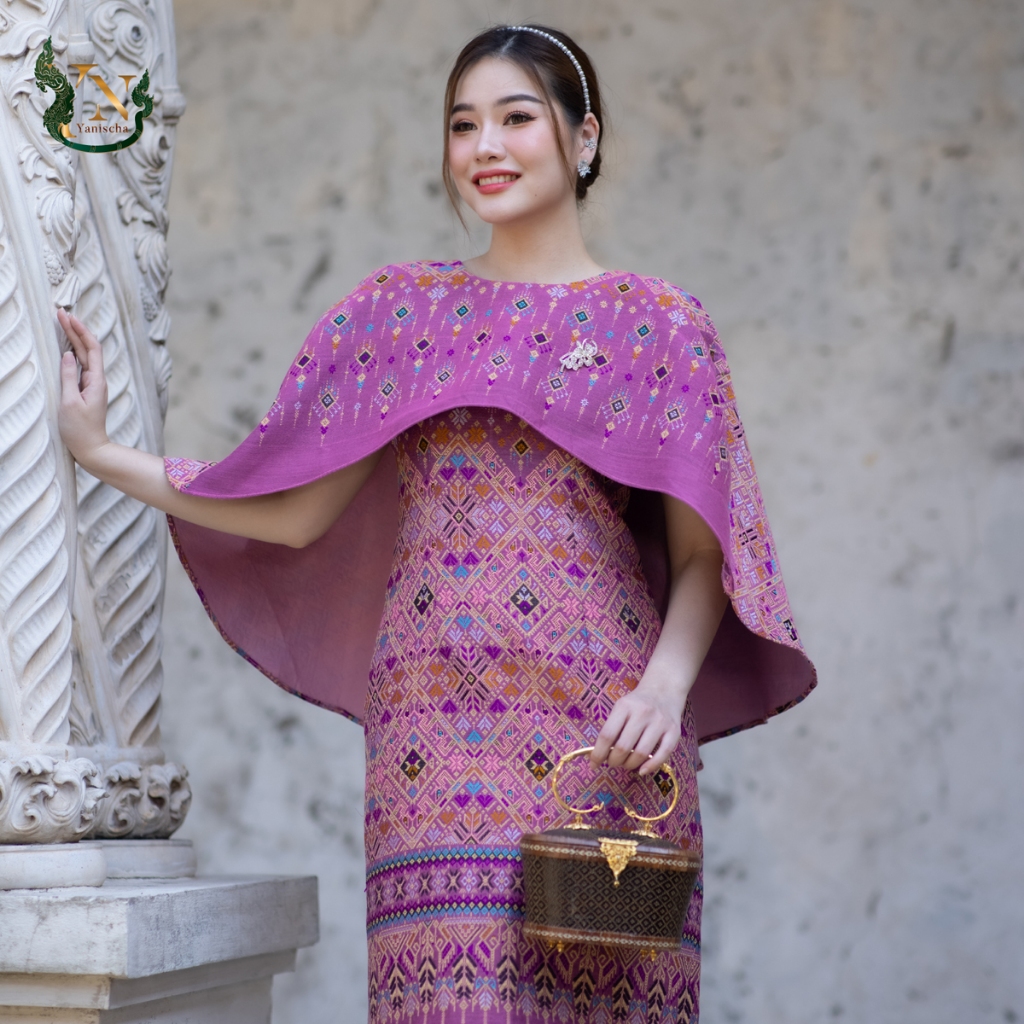 เดรสผ้าไหมเมขลา ทรงปีกผีเสื้อ สีชมพู ชุดออกงาน ไปวัด ทำบุญ ไซส์ M-4XL มุมมองที่ 4