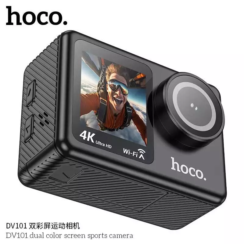 HOCO DV101 กล้องแอคชั่น หน้าจอคู่ 4K 30fps เลนส์ไวด์ 150° กันน้ำ 30 เมตร รองรับ Wi-Fi เชื่อมต่อผ่านแอป