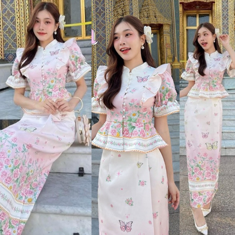 👑 ชุดไทยจิตรลดาแขนยาวสีชมพู เนื้อผ้าพรีเมียม ทรงเป๊ะ ดูแพง ไซส์ S-4XL มุมมองที่ 3