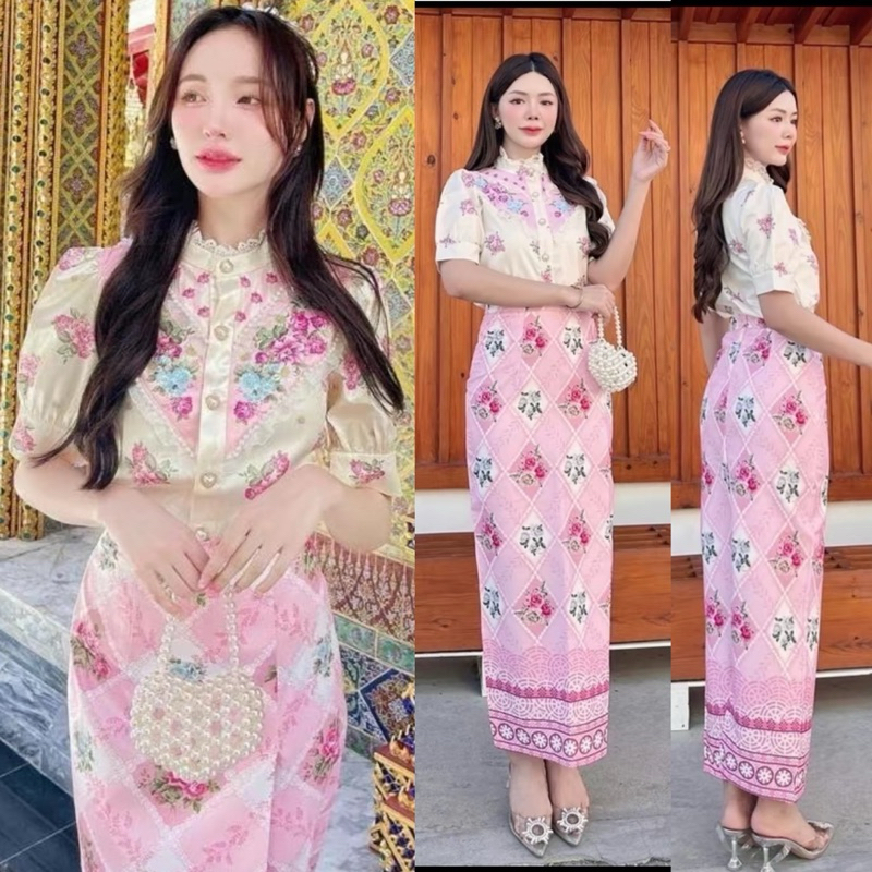 👑 ชุดไทยจิตรลดาแขนยาวสีชมพู เนื้อผ้าพรีเมียม ทรงเป๊ะ ดูแพง ไซส์ S-4XL มุมมองที่ 4