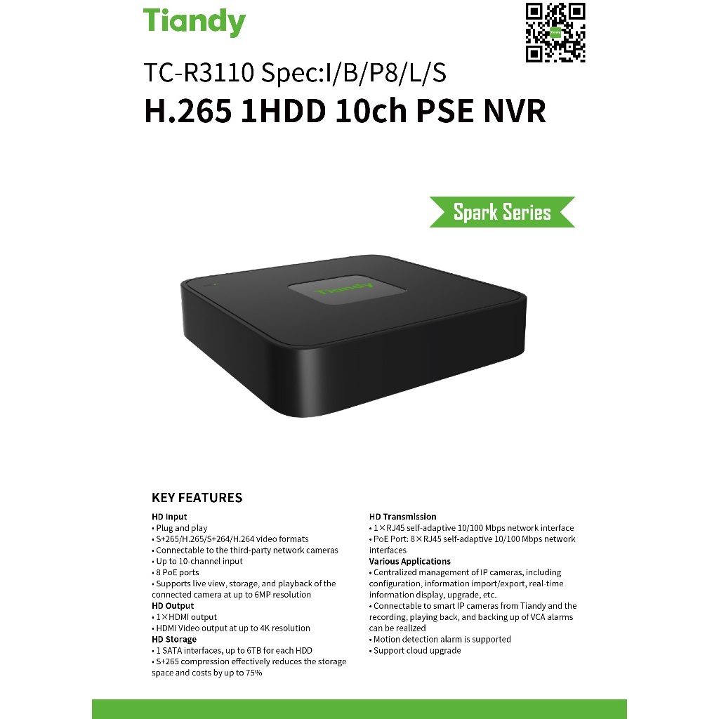 Tiandy เครื่องบันทึกกล้องวงจรปิด NVR รุ่น TC-R3110 (10 ช่อง) รองรับ POE ...