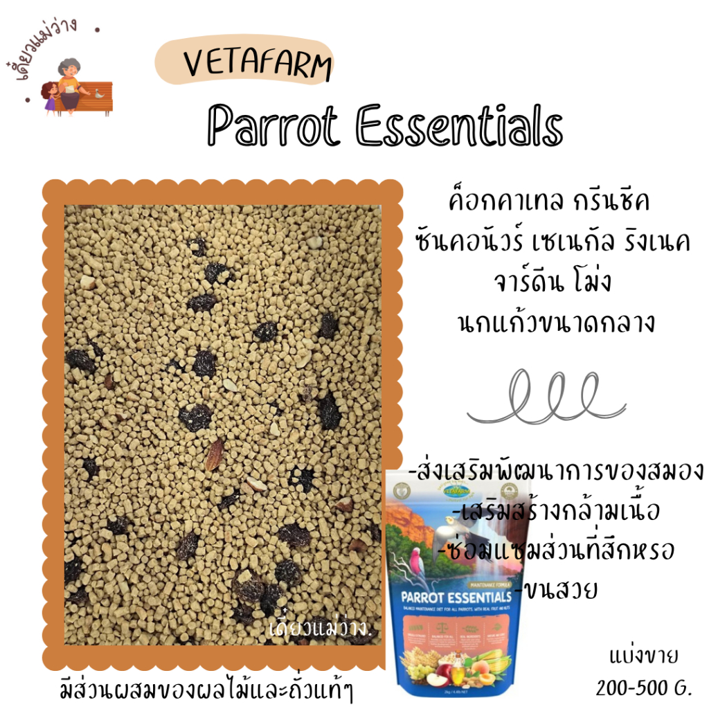 Parrot Essentials (แบ่งขาย 200G.) อาหารค็อกคาเทล กรีนชีค นกแก้วขนาดกลาง