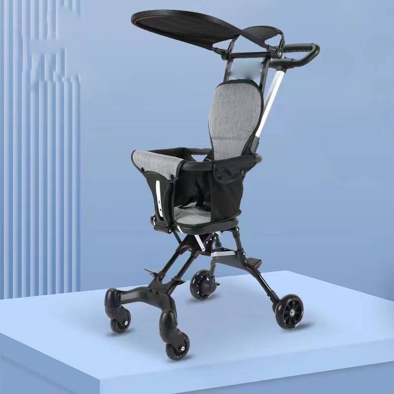 Compact Folding Baby Stroller with Reversible Seat, Large Seat Cushion, Braked Wheels, Black Fabric