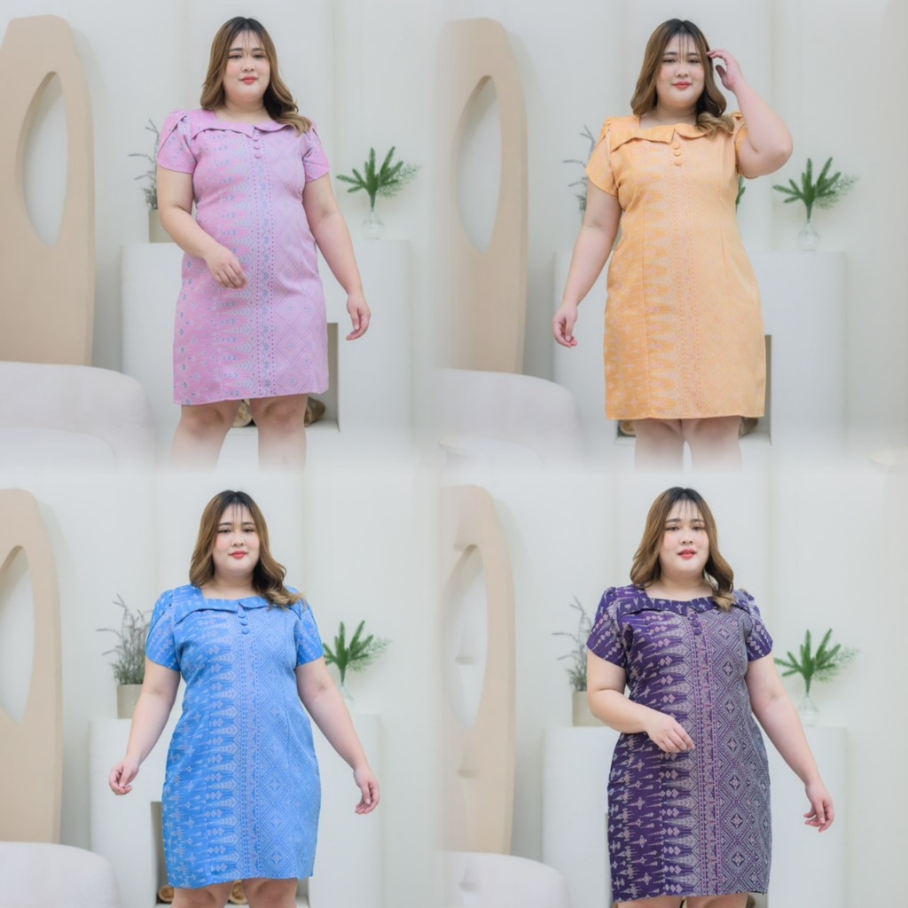 เดรสผ้าฝ้ายทอลายไซส์ใหญ่ ทรงสวยเก็บพุง อัดกาวทั้งชุด XL-5XL ผ้าไทยนำสมัย