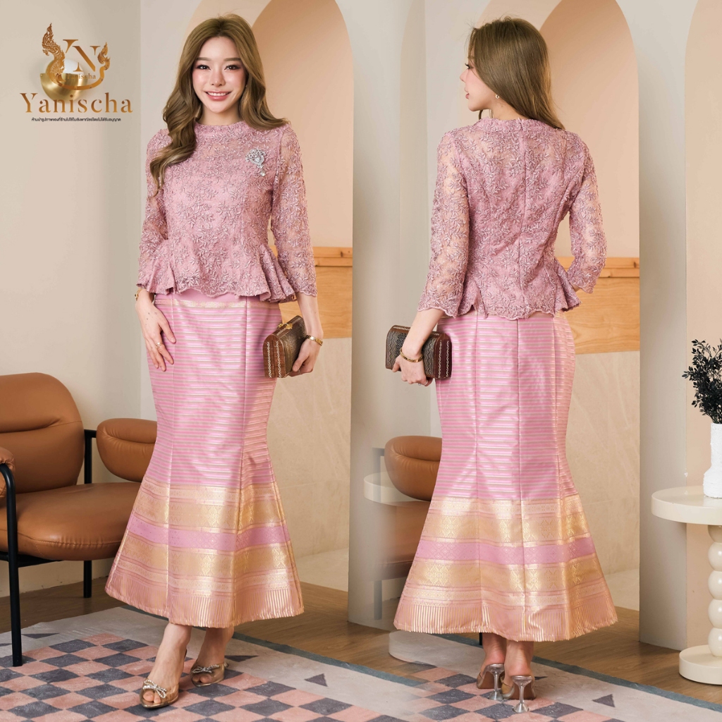 Yanischa Dress เสื้อลูกไม้ใยบวบพรีเมี่ยม กระโปรงผ้าไหมหางปลา ชุดออกงานไปวัด ดูผอม มุมมองที่ 2